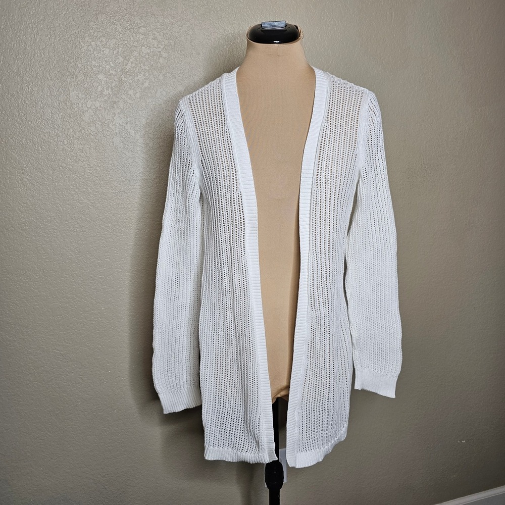 Ann Taylor Womens White Open Knit Cardigan Sweater Size M Longline
